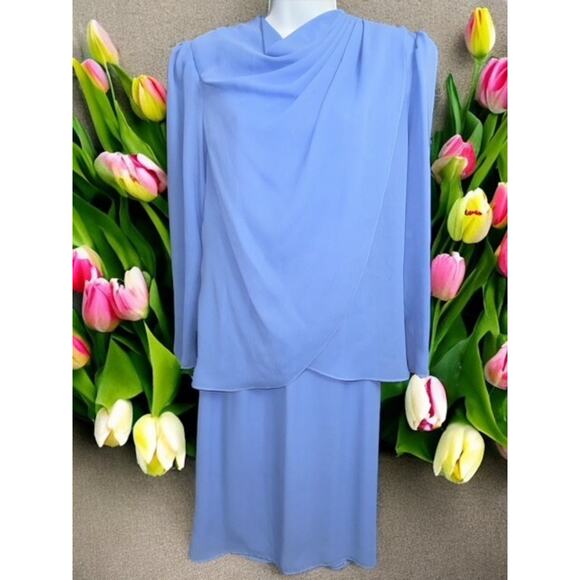 Hal Ferman Skirt Set size 18 Blue Elastic Wasit Fancy Cowl Neck 2 Pieces Vintage - Picture 2 of 5